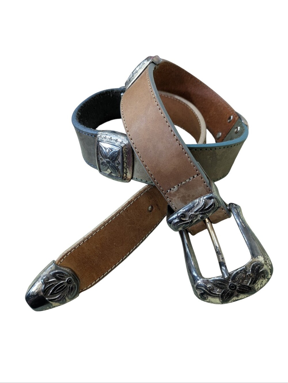 VTG Brighton Multicolor Leather Panel Belt Heavy Aged Silver Conchos Buckle Sz S